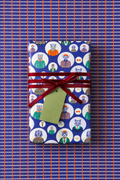 Rollo de papel de regalo Oxford: regalo envuelto con la cara A (animales con estilo) y cinta burdeo sobre papel de la cara B (cuadros)