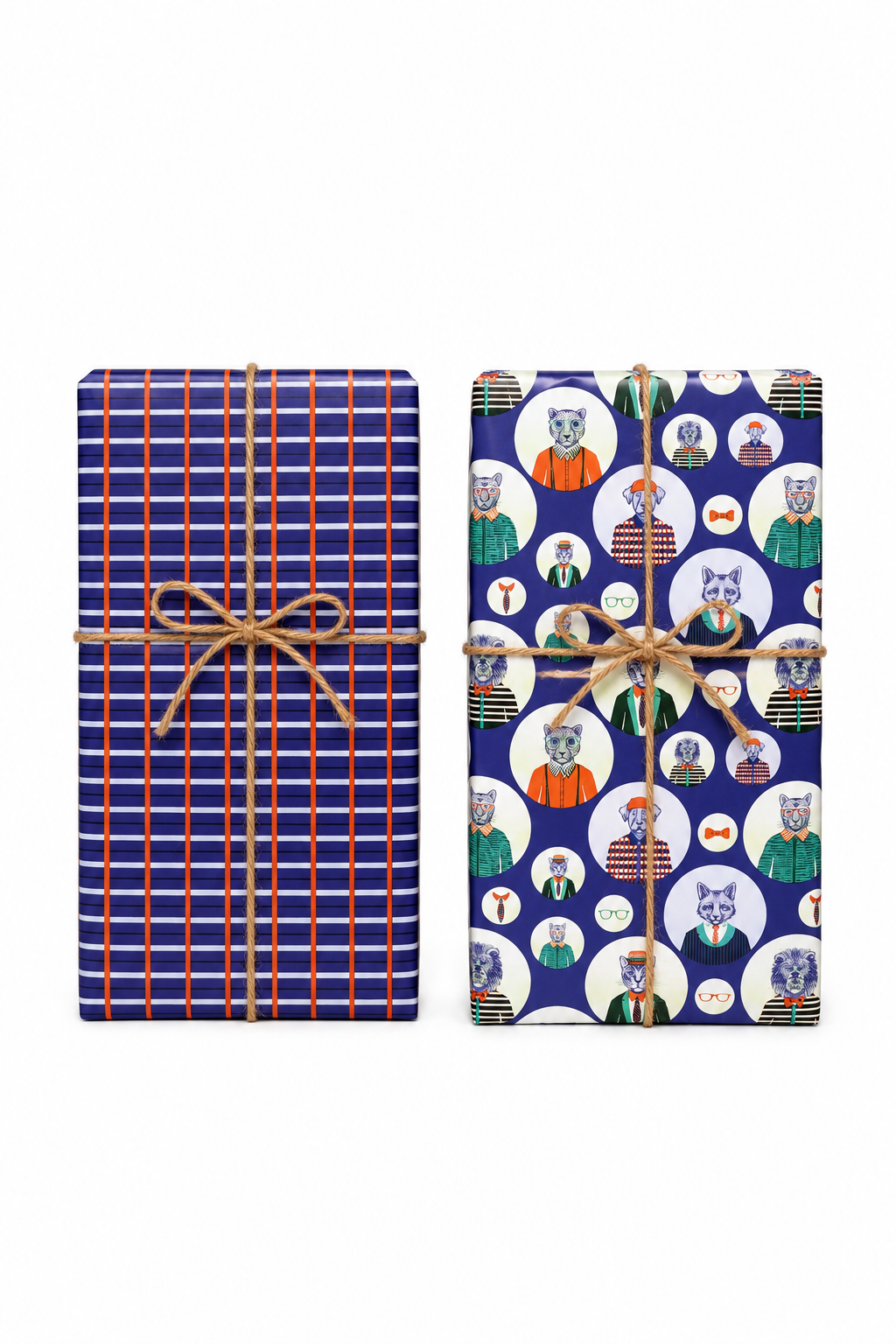 Rollo de papel de regalo Oxford: dos regalos envueltos, uno con cada cara, cuadros y animales con estilo
