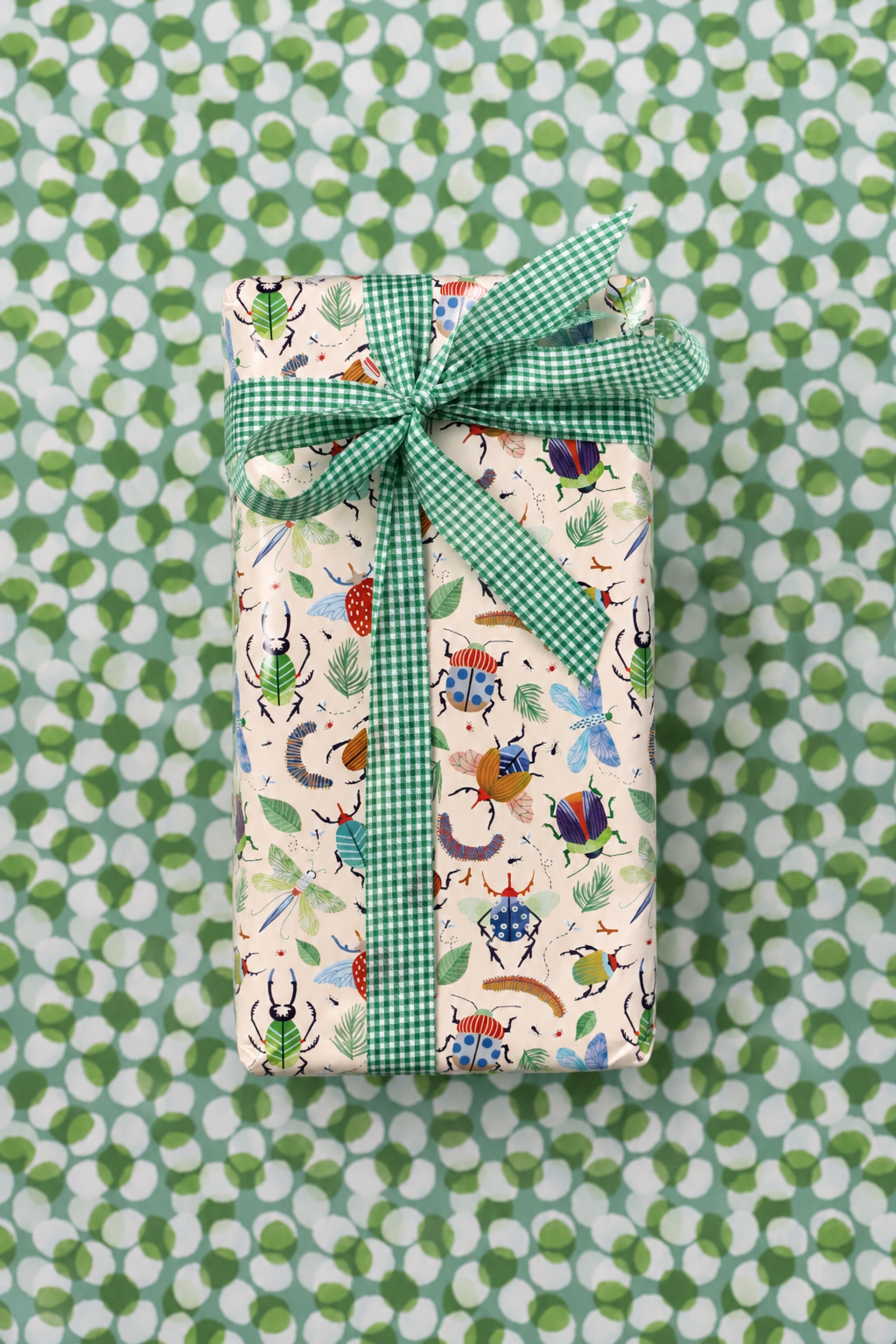 Rollo de papel de regalo Kyoto: regalo envuelto con la cara A (bichos) y cinta verde sobre papel de la cara B (círculos)