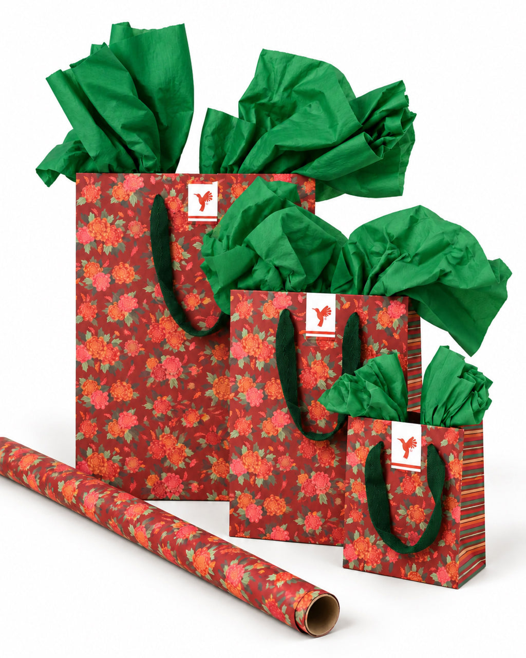 Kit Amalfi: bolsas Amalfi S, M y L con papel de seda verde y el rollo Amalfi