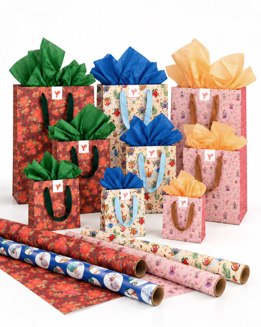 Kit Full: las 9 bolsas con papel de seda y los 4 rollos de papel de regalo