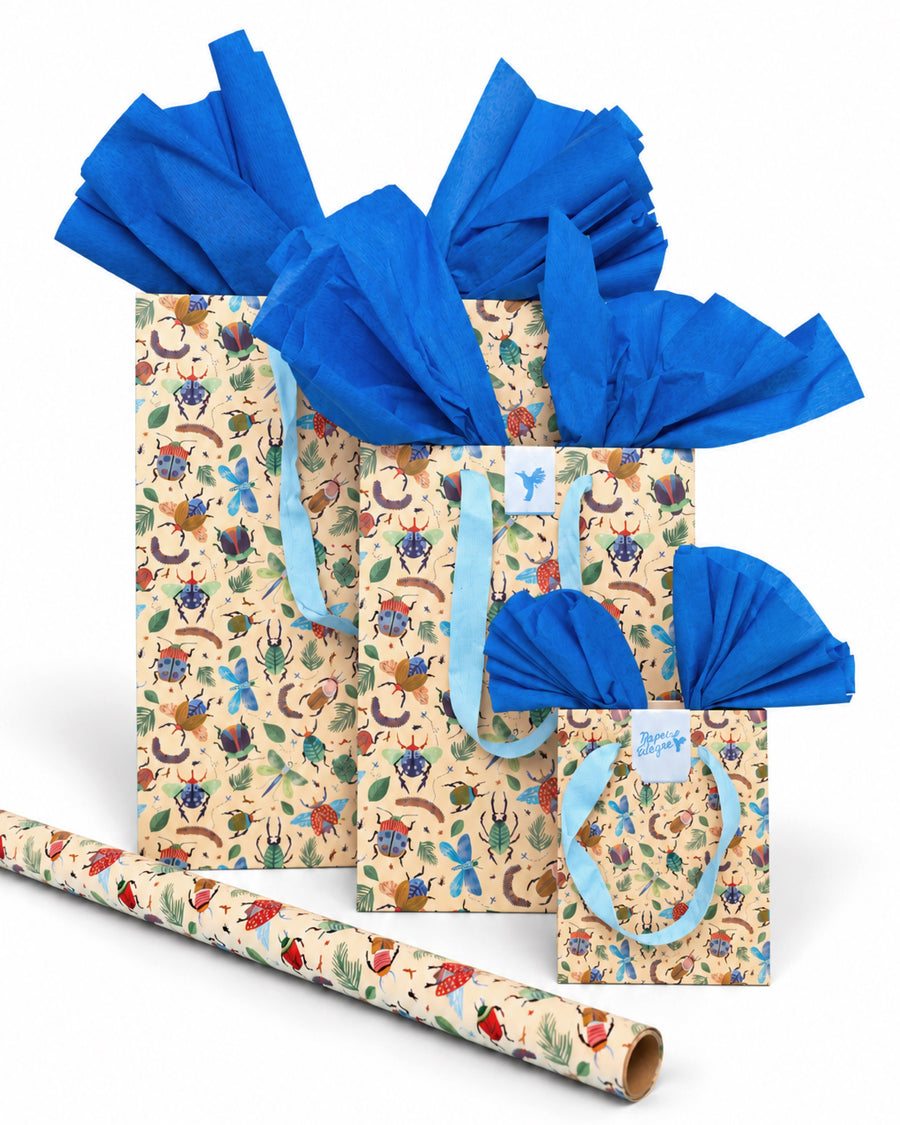 Kit Kyoto: bolsas Kyoto S, M y L con papel de seda azul y el rollo Kyoto