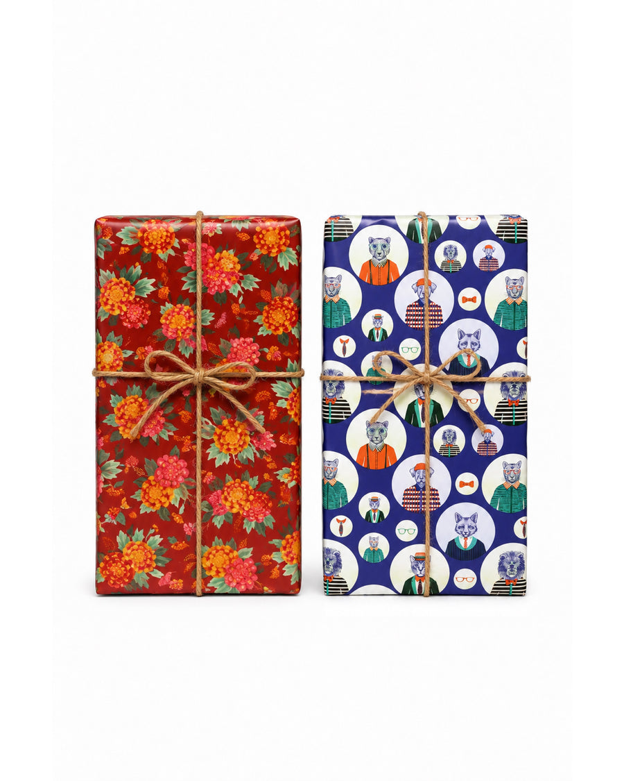 Kit Rollos Adultos: regalos envueltos con la cara A de Amalfi (flores) y de Oxford (animales con estilo)
